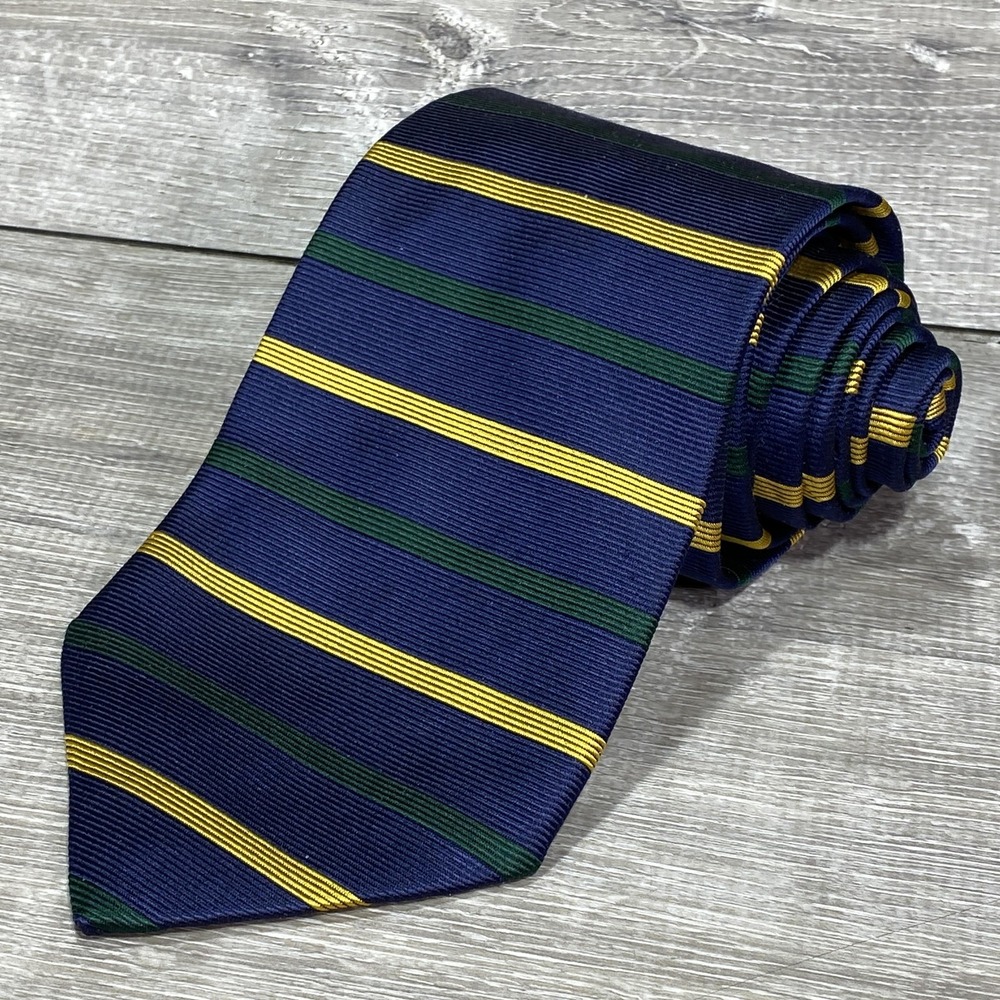 Brooks Brothers Tie Mens Makers Navy Yellow Green Stripe Silk‎ Necktie Made USA
